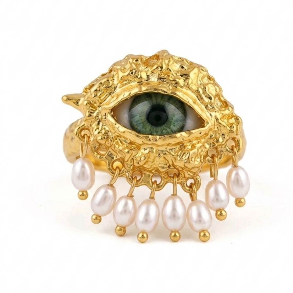 🆕️ Schiaparelli Inspired Style Gold Eye Ring with Pearls NWOT